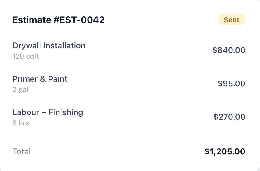 Estimate layout in ToolBuds showing line items for drywall, primer and paint, and labour with a sent badge