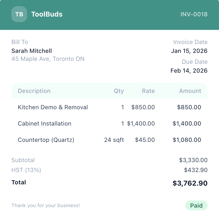 Invoice layout in ToolBuds showing customer details, line items, tax, totals, and a paid status tag