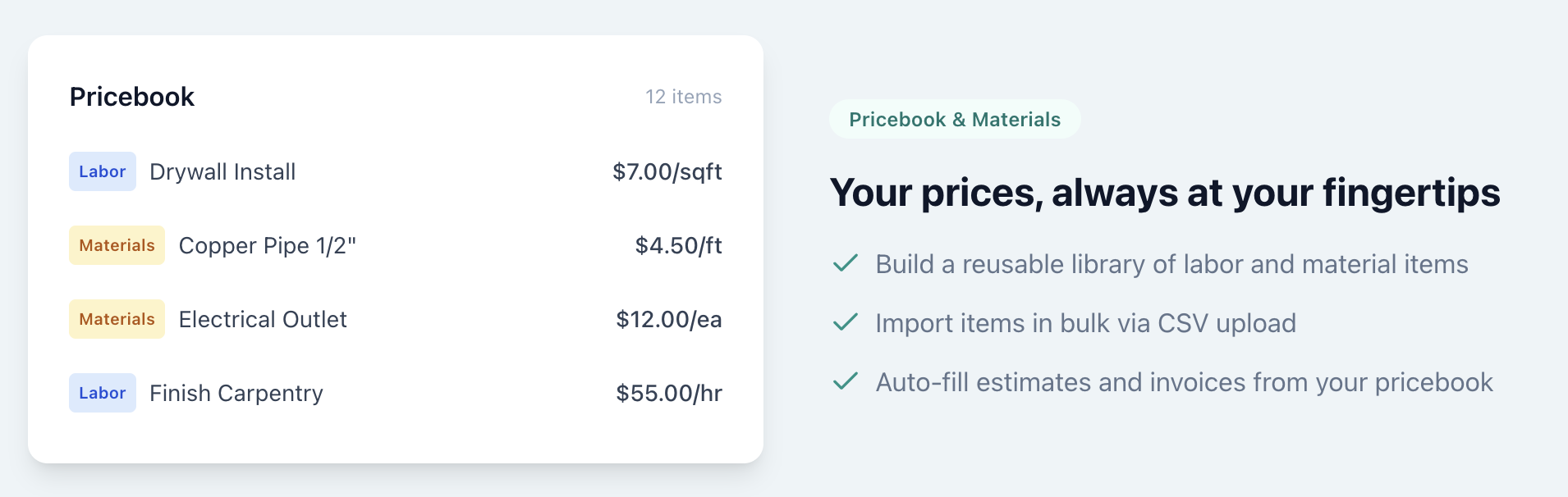Pricebook view in ToolBuds showing labor and material items with rates