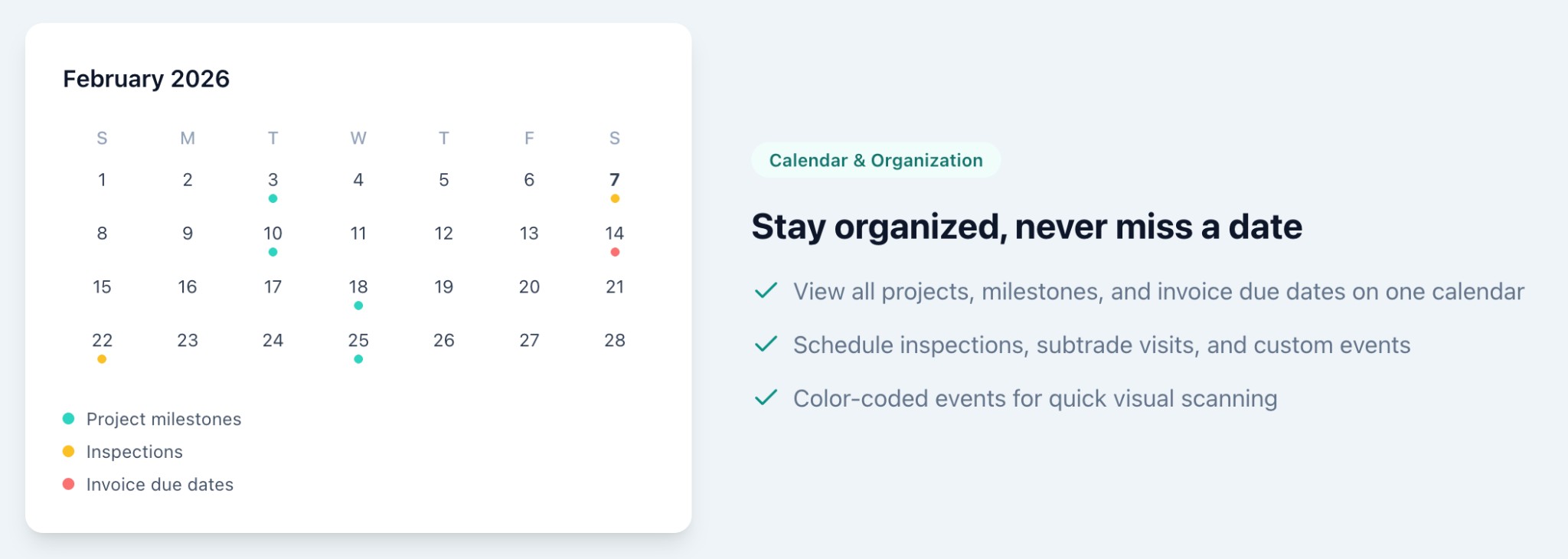 Calendar view in ToolBuds showing project milestones, inspections, and invoice due dates
