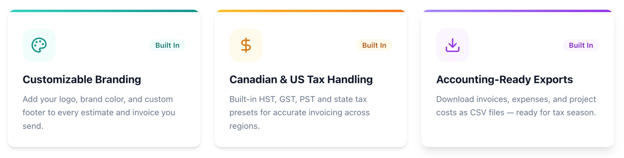 Cards for customizable branding, Canadian and US tax handling, and accounting ready exports in ToolBuds